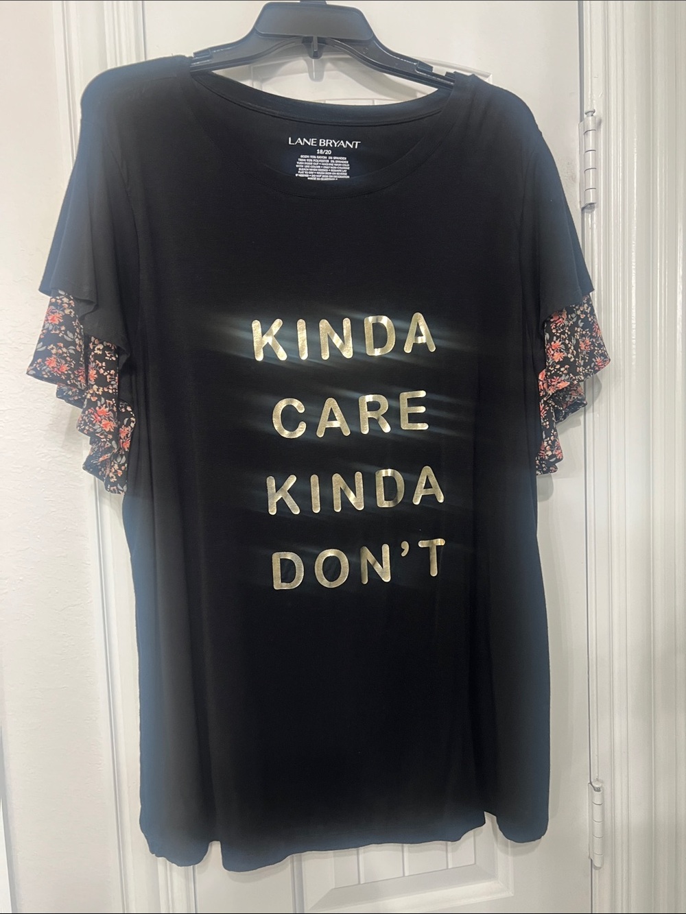 Lane Bryant Black Tee with Gold Foil Slogan and Floral Flutter Sleeves